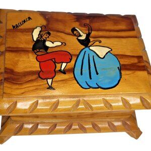 Wooden Trinket Box from Mallorca Spain Painted Dancers On Lid 5"x4"x3" vintage